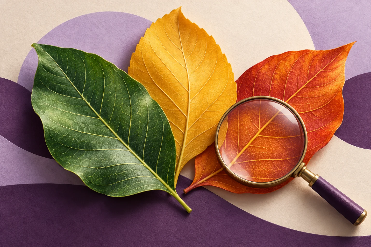 Green, golden and red leaves with a magnifying glass on a lavender paper background