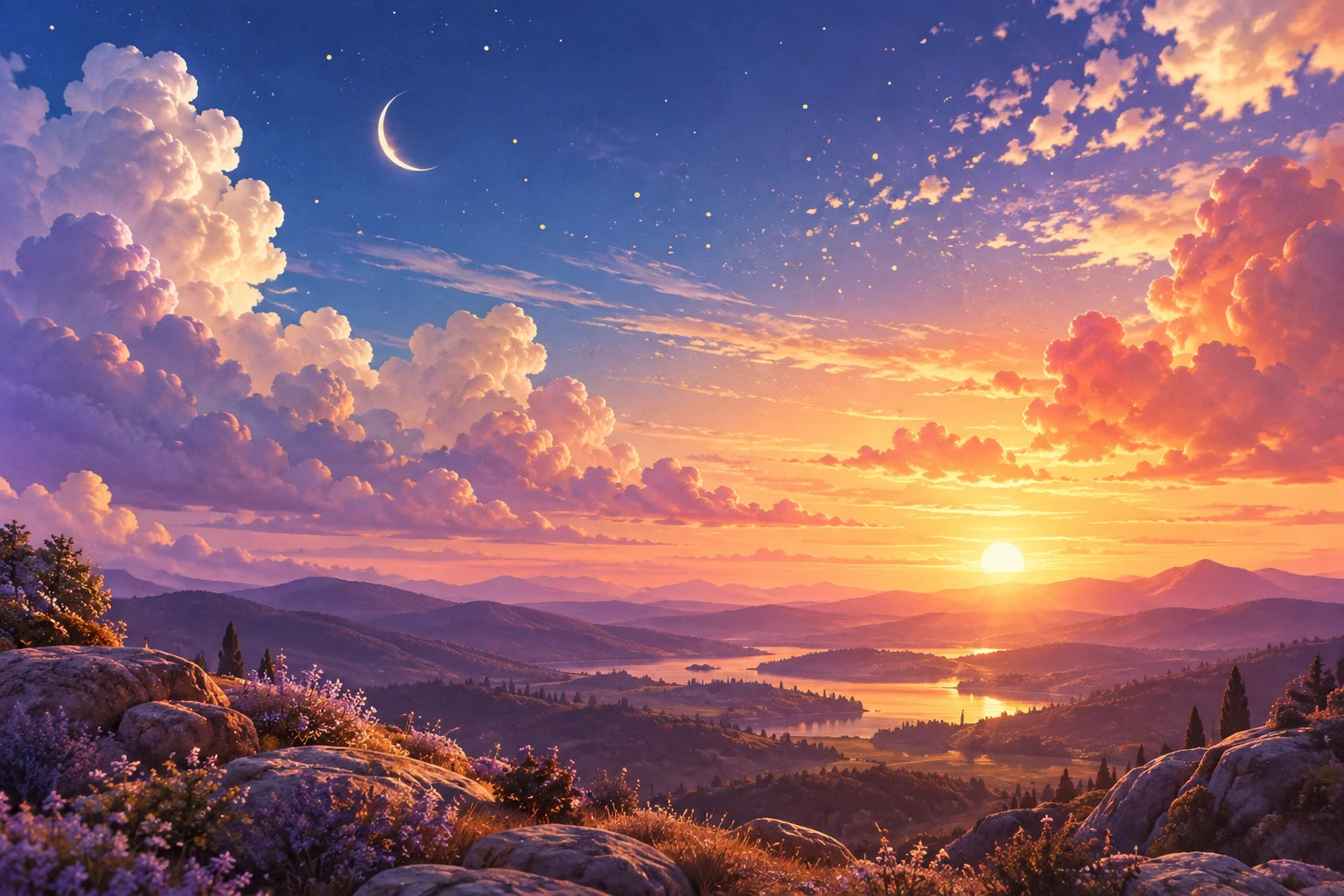Conceptual illustration of blue skies fading into a warm sunset over soft hills